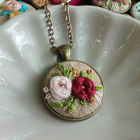 Light pink Floral on Beige / Hand Embroidered Necklace