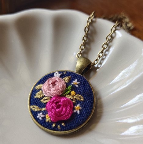Dusty Pink Floral on Deep Blue / Hand Embroidered Necklace
