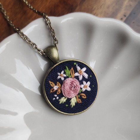 Light Pink Floral on Blue / Hand Embroidered Necklace