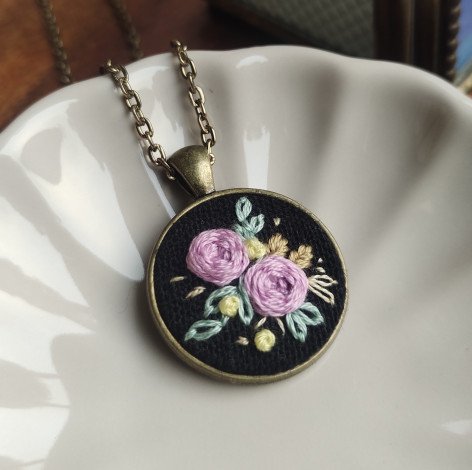Lilac Floral on Black / Hand Embroidered Necklace