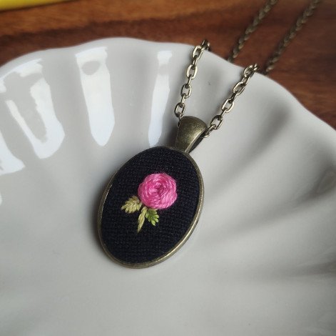 Pink Floral on Black / Hand Embroidered Necklace