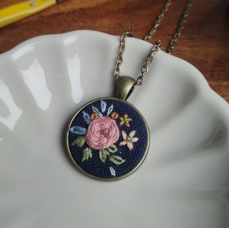 Peach Floral on Blue / Hand Embroidered Necklace