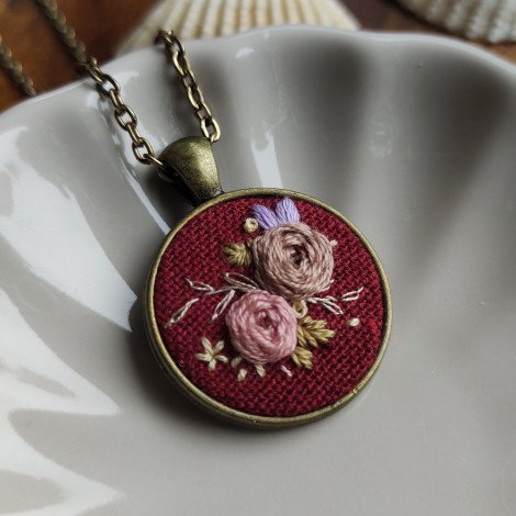 Peach and Lavender Floral on Red / Hand Embroidered Necklace