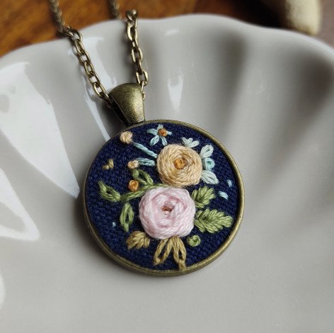 Peach and Aqua Floral on Blue / Hand Embroidered Necklace