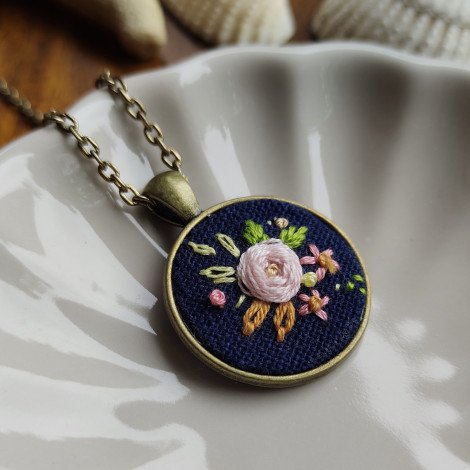 Peach Floral on Blue / Hand Embroidered Necklace
