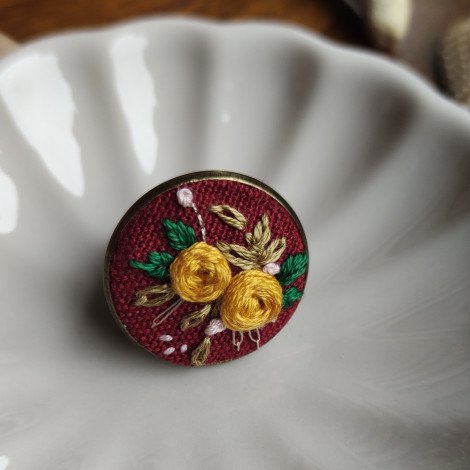 Yellow Floral on Red / Hand Embroidered Ring