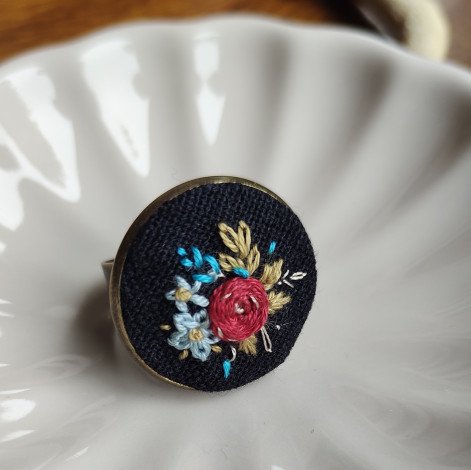 Pink Floral on Black / Hand Embroidered Ring