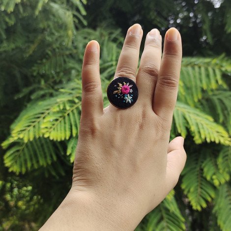 Pink Floral on Black / Hand Embroidered Ring