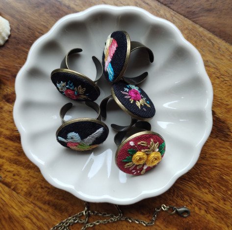 Hand-Stitched Floral & Bird Embroidery Rings