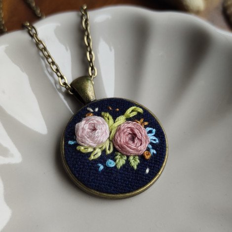 Peach Floral on Blue / Hand Embroidered Necklace