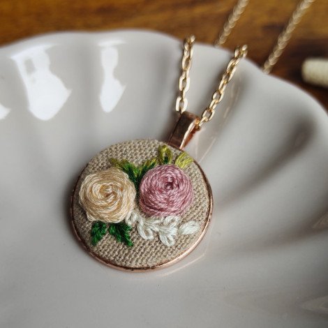 Peach Floral on Beige / Hand Embroidered Necklace